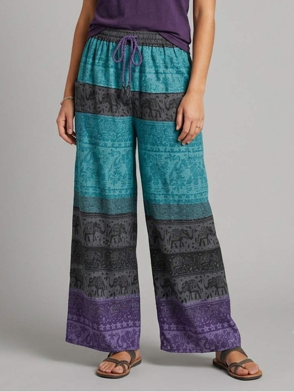 Elephant Print Hippie Boho Cotton Wide Leg Drawstring Pants - S/M 🐘